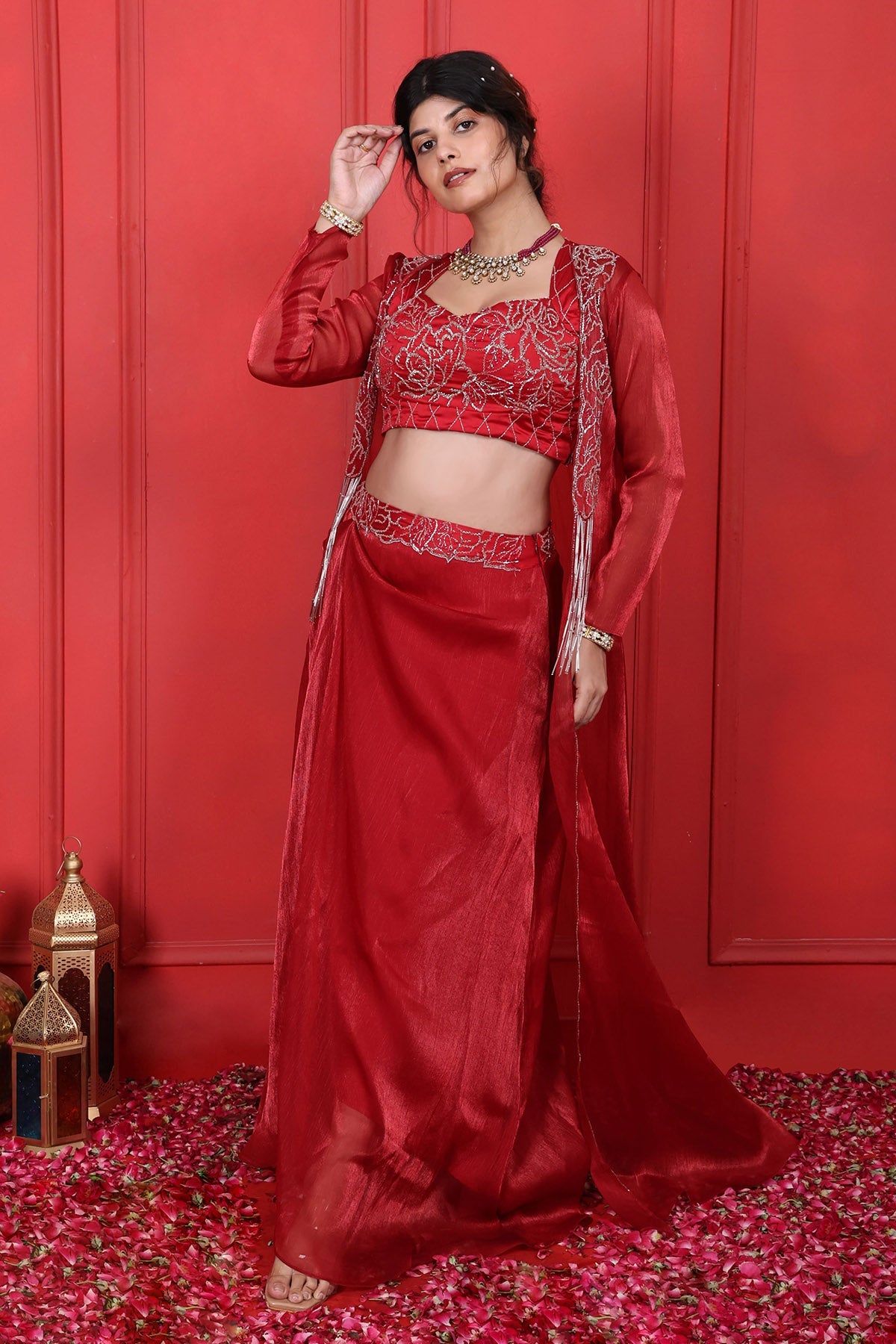 Buy Red Beads Embroidered Skirt Set by Namita Sharma for women online at ScrollnShops